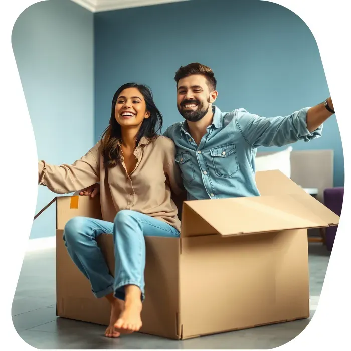 Two guys sitting on the floor of their apartment with Muval moving boxes